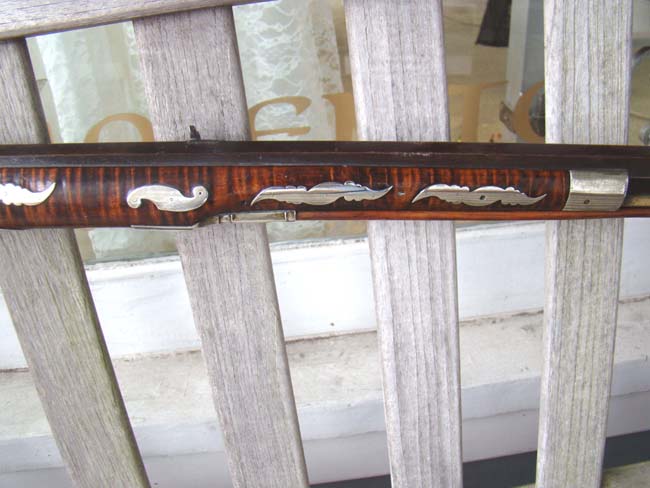 An impressive tiger-maple half-stock silver mounted percussion Frontier Rifle by William McCleland of Naffanees, Indiana, circa 1860-1862. — image 5